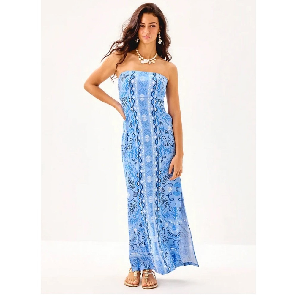 Lilly Pulitzer Sz 2 NOA Strapless Maxi Dress Knotty & Nice Blue White Seashells